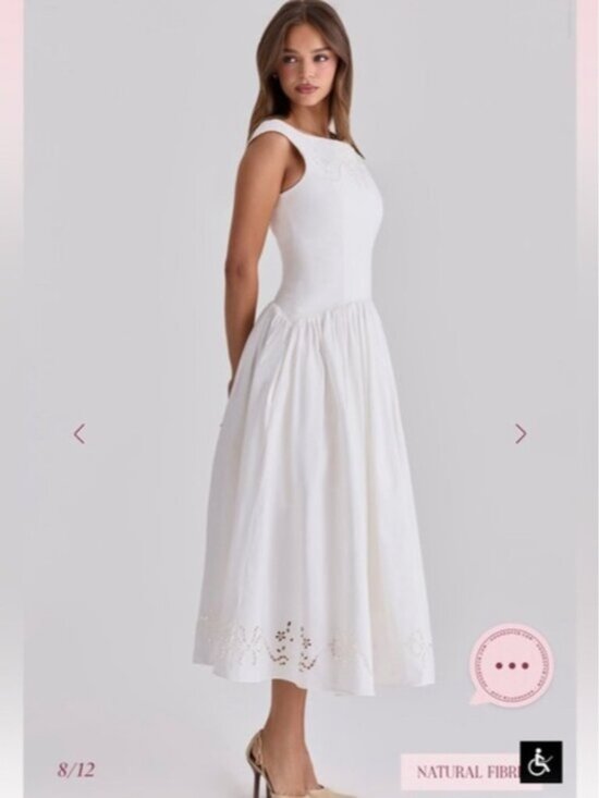 House of CB • Lauren Off-Shoulder White Midi Dress with Eyelet Hem - Picture 5 of 9